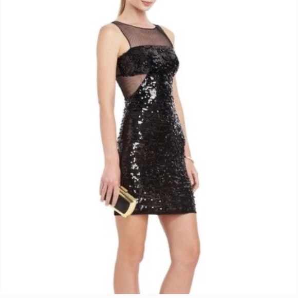 BCBG MAX AZRIA SEQUINED ILLUSION MESH BLACK SHEATH COCKTAIL DRESS LINED SMALL - Picture 2 of 15
